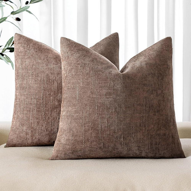 MIULEE Pack of 2 Decorative Throw Pillow Covers Soft Chenille Throw Pillows Solid Textured Cushion Covers for Couch Sofa Bedroom Living Room 18x18 Inch, Chocolate