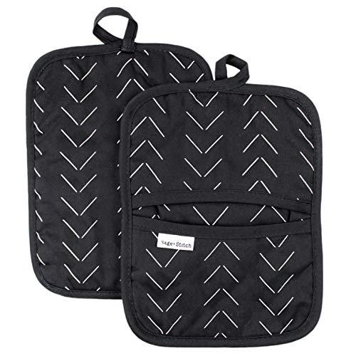 Sage and Stitch Kitchen Pot Holders for Women 7'' x 9'' with Hand Pockets and Hanging Loop, Dual Function Oven Mitt Trivet Potholder Hot Pad 100% Cotton, Heat Resistant Set of 2 - Black Mudcloth