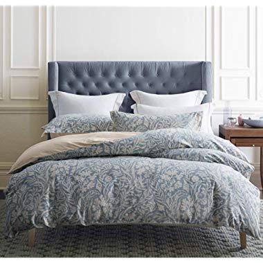 SLEEPBELLA Duvet Cover Set King Size, Beige & Bluish Grey Botanical Luxurious Pattern Leaves Printed with Khaki Embroidered Flange 600 Thread Count Cotton Reversible Bedding Set