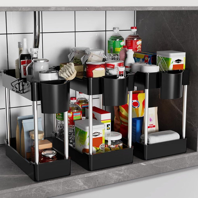 JYSMYWS 3 Pack Under Sink Organizers and Storage, 2 Tier Bathroom Cabinet Organizer Shelf with Hanging Cups for Kitchen & Bathroom (Black)