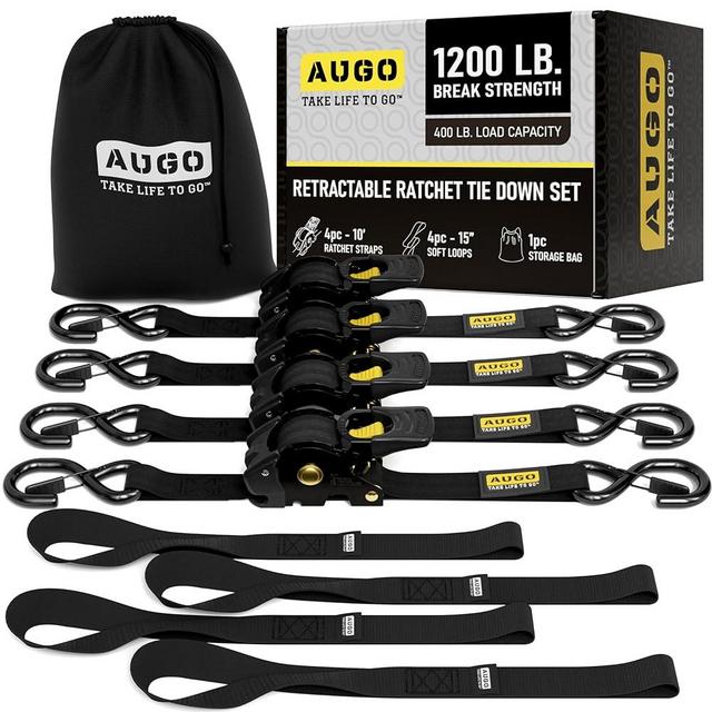 AUGO Retractable Ratchet Straps | 4 Heavy Duty Ratchet Straps Self Retractable Tie Down Straps with Soft Loops & Storage Bag for Motorcycle, Truck, Trailer, Cargo Van | 1200 Lb Break Strength 1” x 10’