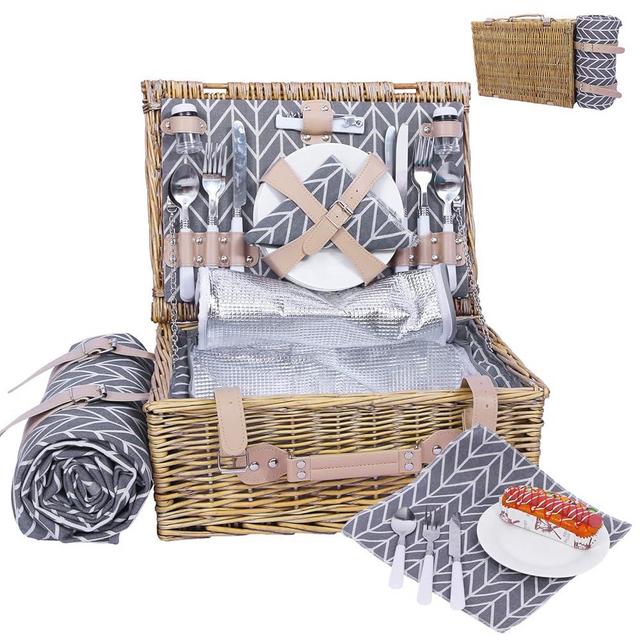Neti Neti Wicker Picnic Basket for 4 with Insulated Cooler & Waterproof Blanket – Large Willow Picnic Hamper for Outdoor, Camping, Beach, Romantic Dates, Valentine’s Day