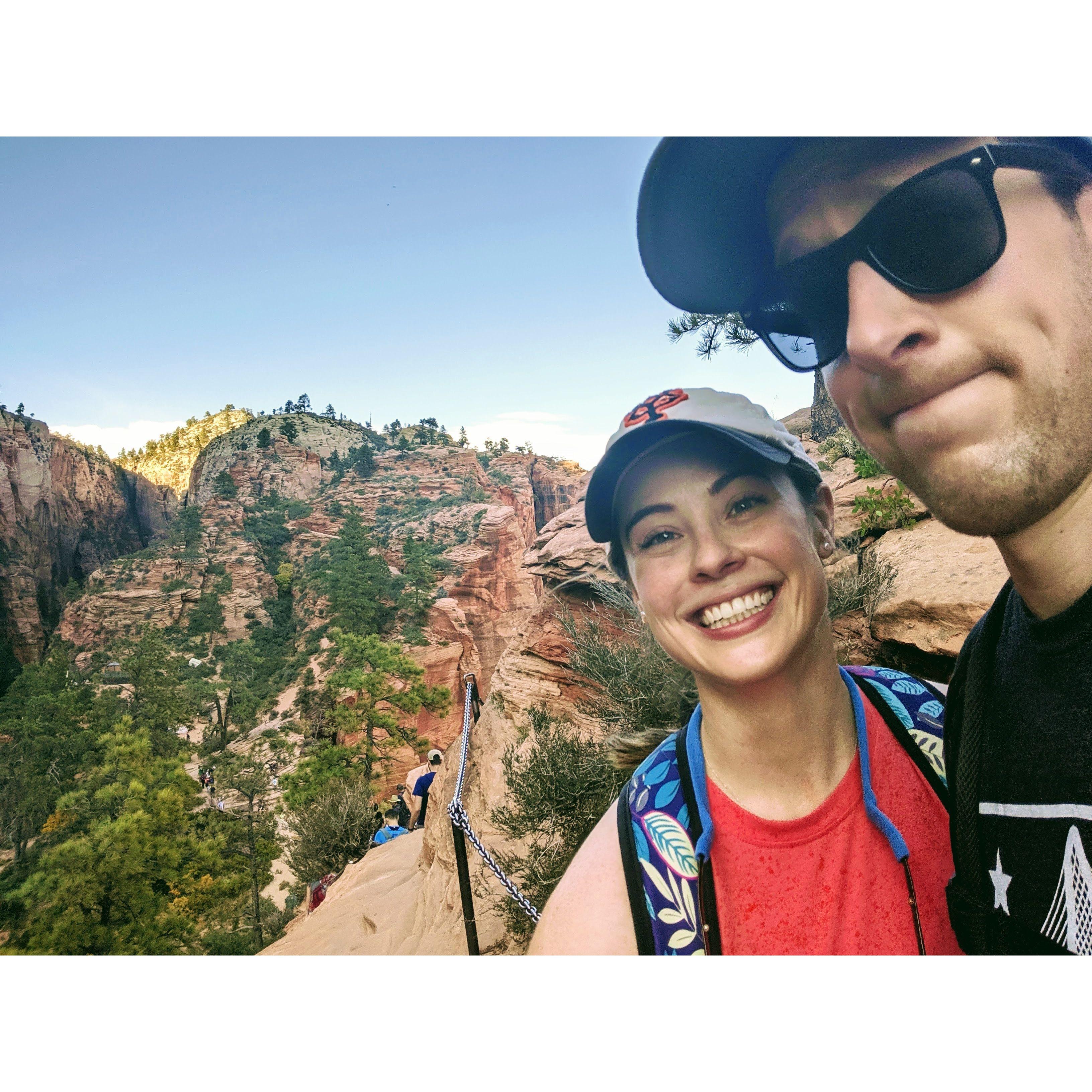 On the way up to Angel's Landing, Zion National Park, 2019. Where Nate conquered his fear of heights!