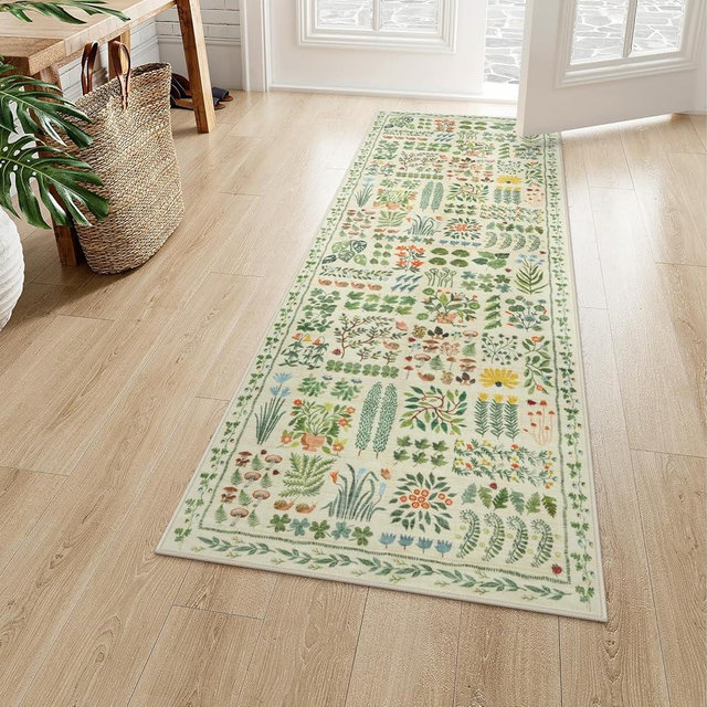 LIVEBOX Kitchen Runner Rugs Non Skid Washable Throw Rug 2x6, Runners for Hallways Non Slip,Thin Entryway Rug Plants Print Style(2'x6',Beige)