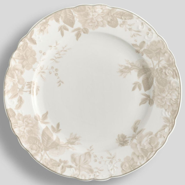 LoveShackFancy Neutral Floral Porcelain Dinner Plates, Set of 4 - Tan/White