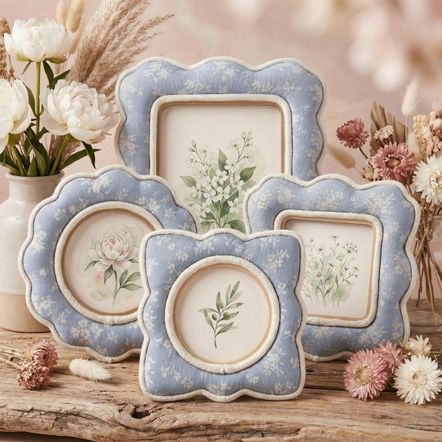 Blue Floral Scalloped Picture Frame – Fabric Photo Frame 4x6 5x7 8x10 – Cottagecore Vintage Frame Decor – Gift for Mom