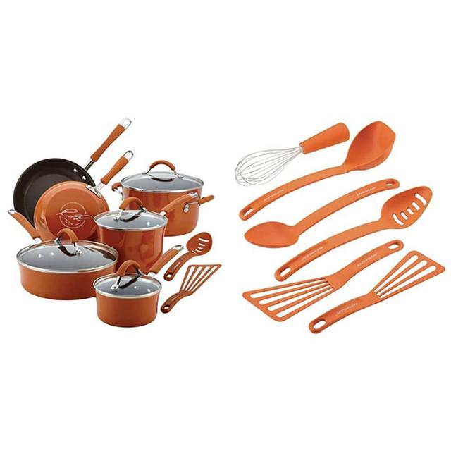 Rachael Ray Cucina Nonstick Cookware Pots and Pans Set, 12 Piece, Pumpkin Orange & Ray Gadgets Utensil Kitchen Cooking Tools Set, 6 Piece, Orange