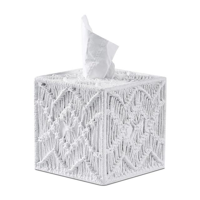 White Woven Macrame Boho Tissue Box Cover Square for Home Decor,Resin Heavy Woven Tissue Box Holder for Bathroom Kitchen Countertop,Bedroom, Vanity, Night Stand, Office Desk Top, Waterproof Durable