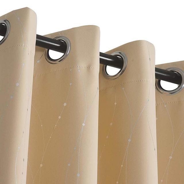 Blackout Curtains Grommets with Dots Pattern for Bedroom/Living Room, Sliver Wave Line Light Blacking Thermal Insulated Drapes for Bedroom and Sliding Glass Door (W50 x L84 2 Panels, Beige)
