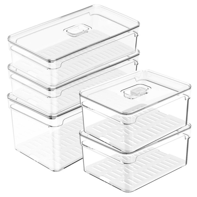 OU Fridge Organizer Set with Lids, Stackable Refrigerator Storage Bins with Drainer Tray and Vent Lid, BPA Free Clear Produce Fruit Containers, 5 Pack