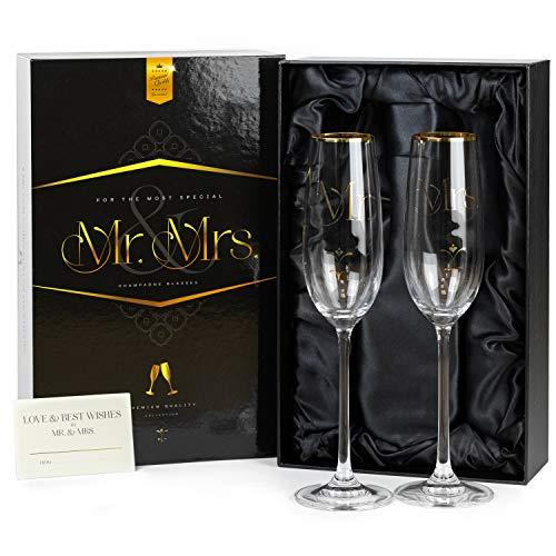 Luxury Crystal Wedding Champagne Glasses for Toasting | Gold Mr. Mrs. Toast Flutes Set for Bride and Groom | Elegant Champaign Gift for His and Hers Engagement Party, Bridal Shower, Couple Anniversary