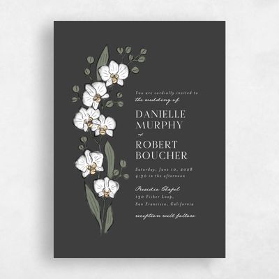 Dark Charcoal, Black Wedding Invitation - Orchidea Portrait