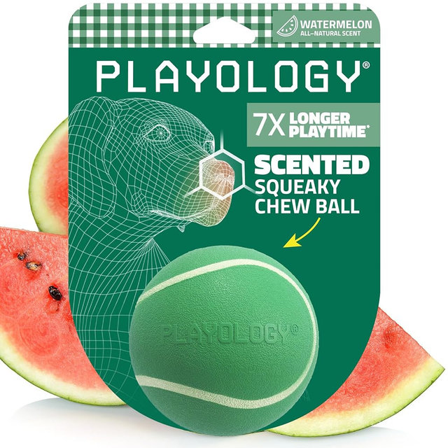 Playology Dog Toys | Squeaky Chew Ball for Dogs | Watermelon Scented Medium Dog Ball | Bouncy Floating Chew Toys for Fetch | Limited Edition Summer Scent