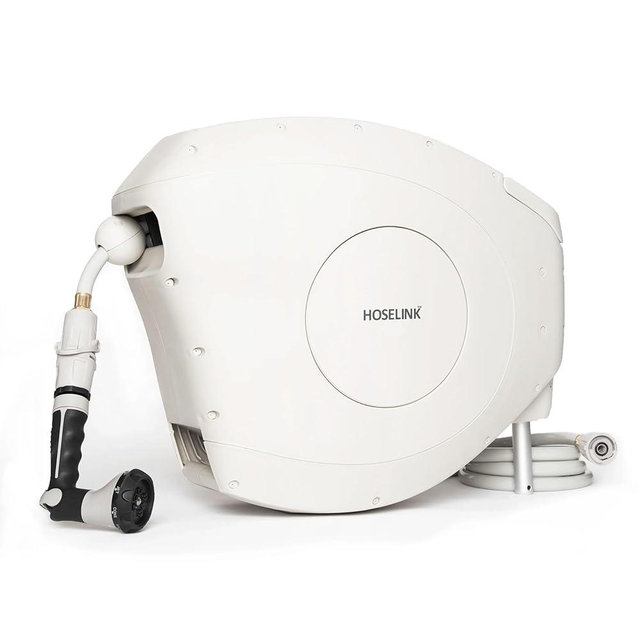 HOSELINK Classic Beige 100ft Automatic Retractable Garden Hose Reel, UV-Stabilized Kink-Free Hose, Wall Mounted Complete Watering Solution for Backyard, Garden & Outdoor