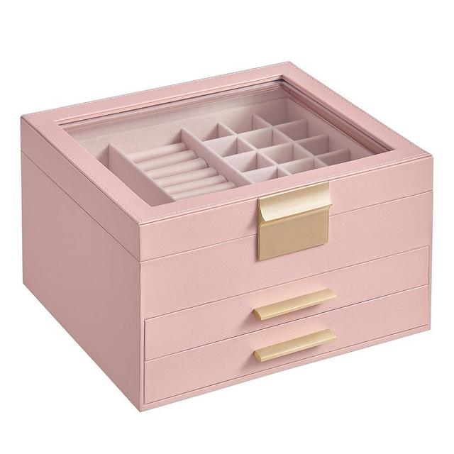 SONGMICS GISELLA Collection - Jewelry Box Organizer, 3-Layer Jewelry Storage with 2 Drawers, Shiny Metal Hardware, Glass Lid, Modern, 8 x 9.1 x 5.3 Inches, Jelly Pink and Gold Color UJBC239SA01S