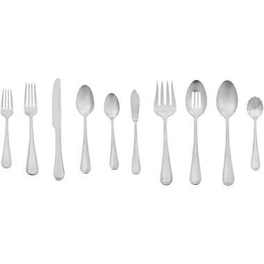 AmazonBasics 65-Piece Stainless Steel Flatware Silverware Set with Pearled Edge, Service for 12