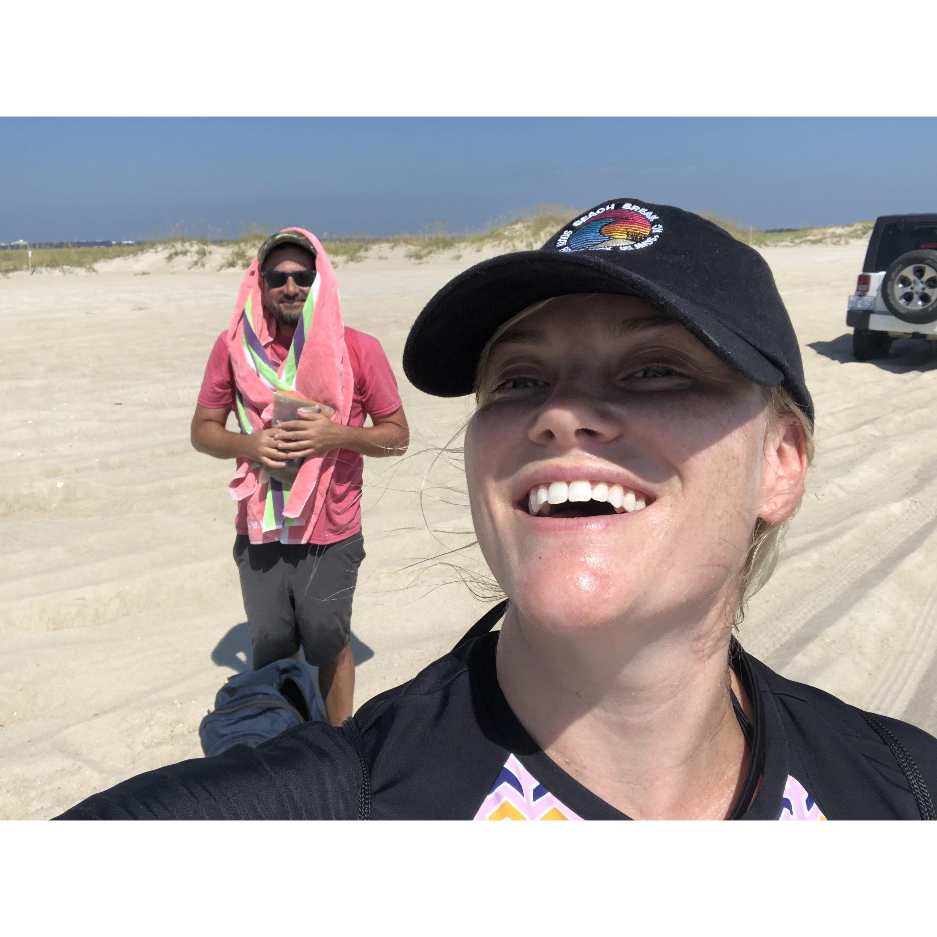 We love the beach! We especially like hiking from Carolina Beach to Bald Head Island and catching the ferry back to Fort Fisher!