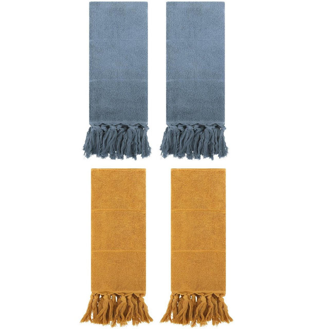 REGALWOVEN Solid Cotton Bathroom Hand Towel with Tassel 4 Pack Blue/Yellow