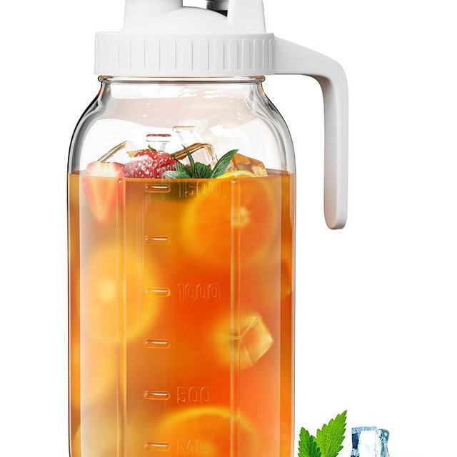 64 oz Glass Pitcher with Lid, Large Wide Mouth Mason Jar Pitcher with Pour Spout, White Sun Tea Glass Jar for Outside, Breastmilk Pitcher Great for Drink, Cold Beverages and Breast Milk