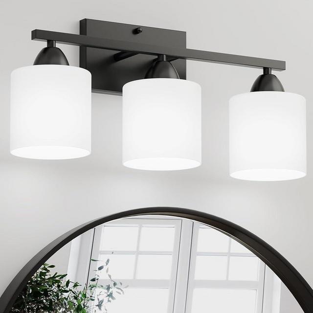 Black Bathroom Lights Over Mirror, Anti-rust Vanity Light Fixture for Bathroom, Modern 3-Light Wall Sconce Light for Living Room, Standard E26 Base, Milky White Glass Shades, Bulbs Not Included