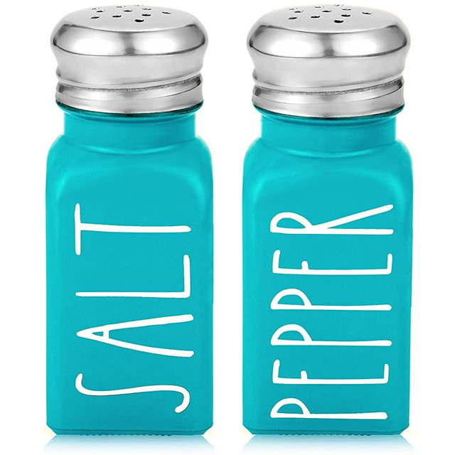 Teal Salt and Pepper Shakers Set by Brighter Barns - Turquoise Kitchen Decor & Teal Kitchen Accessories - Cute Modern Farmhouse Glass Shakers for Home Restaurants Wedding & Stainless Steel Lid (Blue)