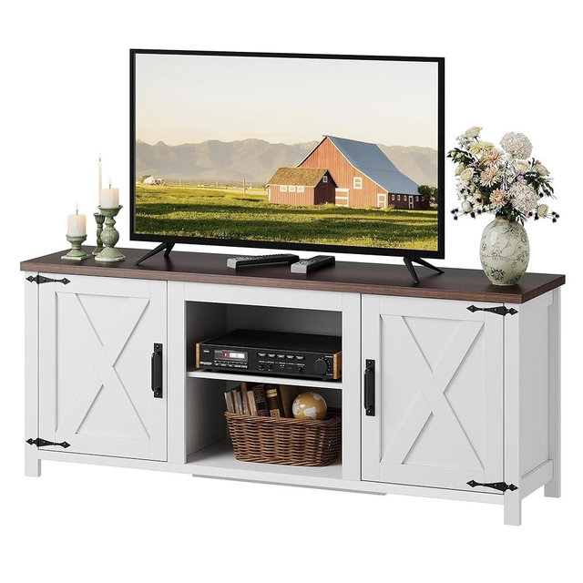 WLIVE Modern Farmhouse TV Stand for TVs up to 65", Entertainment Center with X-Shaped Barn Doors, Large Storage Media TV Console with Adjustable Shelves & Cable Holes for Living Room, White