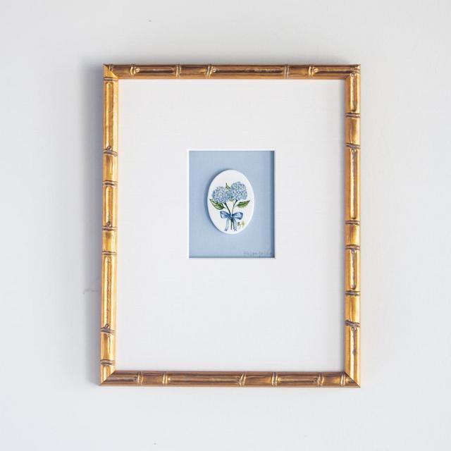 Bamboo Framed Blue Hydrangea Intaglio In French Blue