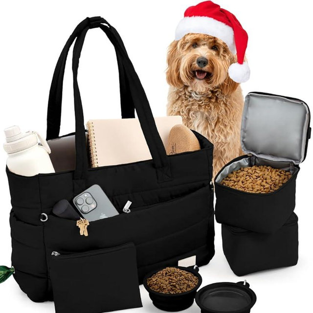 Puffer Dog Travel Bag for Dog Moms – Doggy Diaper Bag with Pet Bowls & Food Storage or Everyday Puffy Tote – Christmas Doggy Mom Gifts for Women – Lightweight, Travel-Ready Gift for Pet Lovers - Black