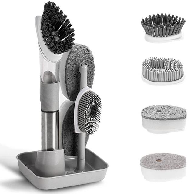 Dish Cleaning Brush, Soap Dispensing Dish Brush Set with 4 Replacement Heads and Storage Holder, Kitchen Scrub Brush for Dish Pot Pan Sink Cleaning (Grey)