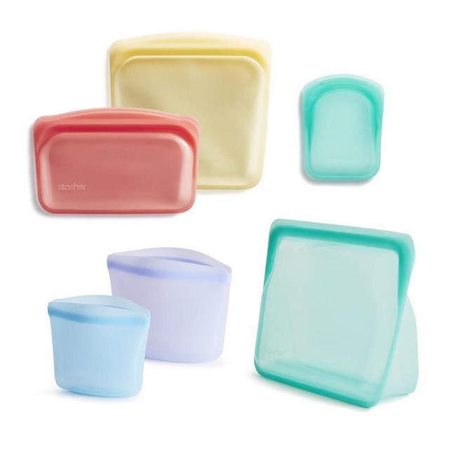 Stasher Bundle 6 PK: 1 Mid Aqua, 1 Sandwich Yellow, 1 Pocket Aqua, 1 Snack Red, 1 cup Blue, 2 cup Lavender - Amazon Packaging