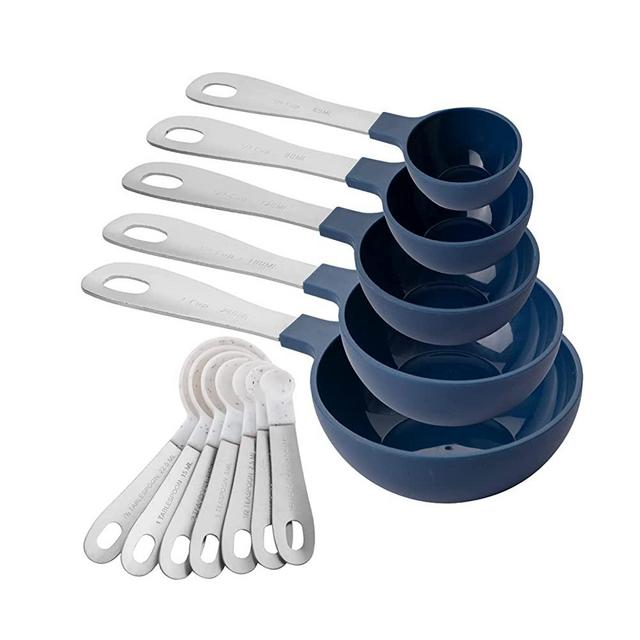 COOK WITH COLOR 12 Piece Plastic Measuring Cups Set and Measuring Spoon Set with Stainless Steel Handles (Blue and White Collection)