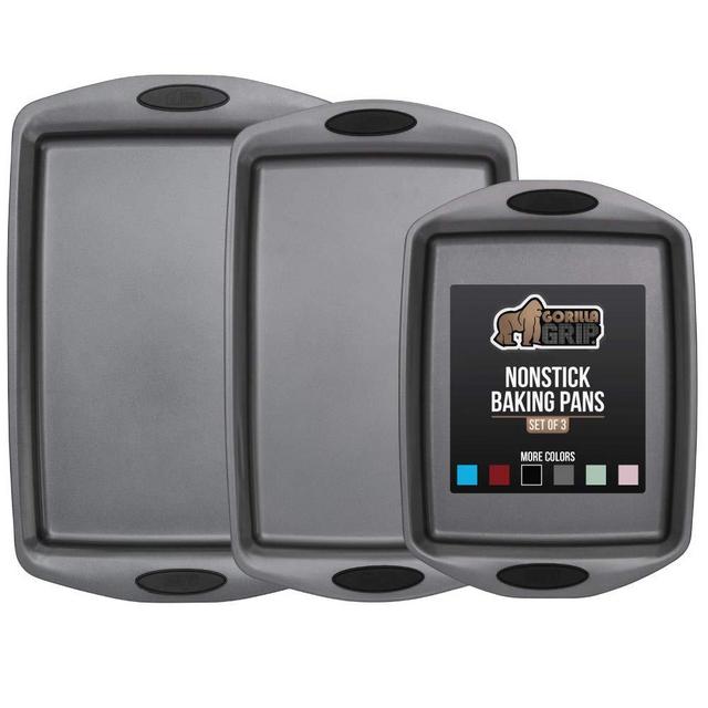 Gorilla Grip Original Non Stick Baking Pans, 3 Piece Bakeware Set, Durable Silicone Handles, Multi Purpose Professional Grade 3-Piece Kitchen Pan Sets for Baking, Cooking, Easy Clean, Set of 3, Black