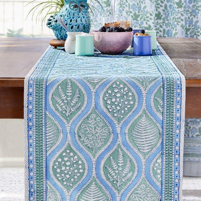 Saffron Marigold Blue Table Runner - 18x108 inches, Hand Block Printed Dining Centerpiece 100% Washable Cotton for Boho & Farmhouse Home Decor or Coffee Woodland Ferns