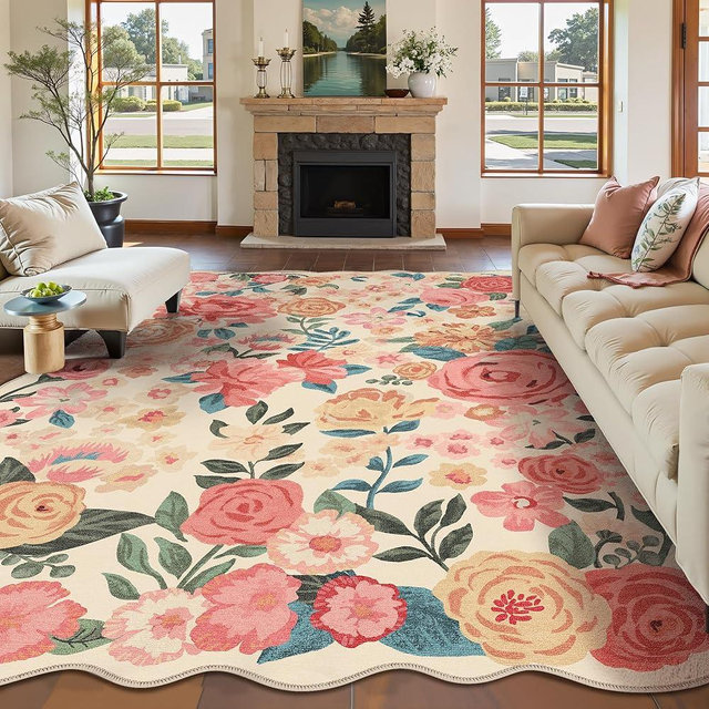 PureCozy Washable Floral Area Rug 9x12 Beige Living Room Large Carpet Bedroom Scalloped Flower Non Slip Soft Throw Rug Farmhouse Low Pile Thin Indoor Floor Cover for Dining Room Office