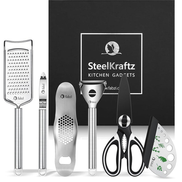 STEELKRAFTZ Kitchen Gadgets Kit - 6-in-1 Ergonomic, Stainless Steel Cutting Utensils - Cheese Grater, Herb Stripper, Garlic Crusher, Kitchen Scissors, I-Shaped and Y-Shaped Peeler