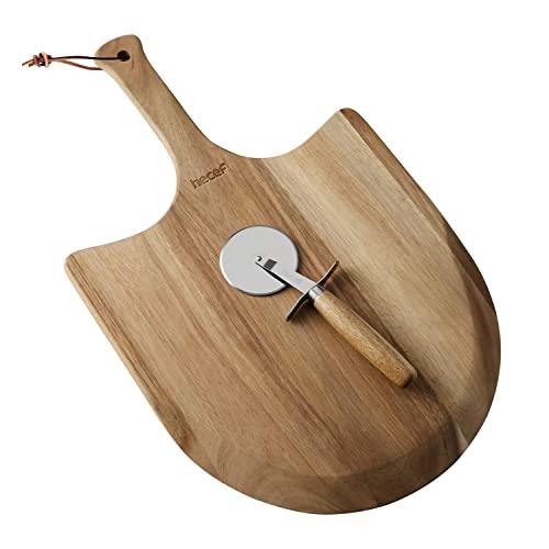 Pizza Peel 12 Inch Hecef Wooden Pizza Paddle Long Handle Large Wood Pizza Board with Pizza Cutter Slicer Wheel for Homemade Pizza, Cheese, Fruits & Cake