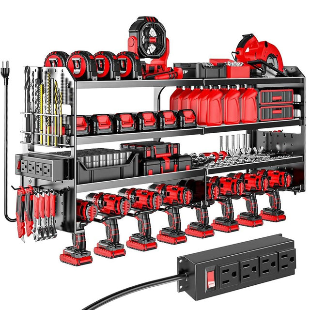 VeyFolzin.st Large Power Tool Organizer Wall Mount with Charging Station, 4 Layer Heavy Duty Metal Cordless Tool Organizer, Tool Storage Rack with 8 Cordless Drill Holder Screwdriver Hammer(Black)