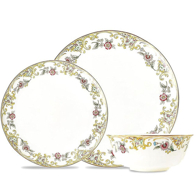 ACMLIFE Bone China Dinnerware Set - White and Glod Porcelain Dinnerware Set for 4, Vintage Floral Dinnerware Set, 12 Piece Lightweight China Dinnerware Set Mothers Day Gifts Fine Dinnerware for Mom