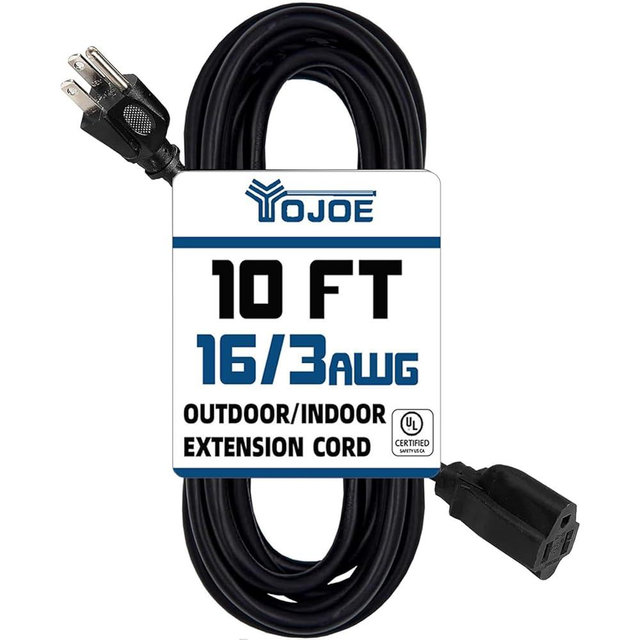YOJOE Indoor Outdoor Extension Cord, 3 Prong 13A Weatherproof Power Cord, 16 Gauge Heavy Duty 10 ft Black Extension Cord for Garage, Garden and Home, 16/3 SJTW UL Listed