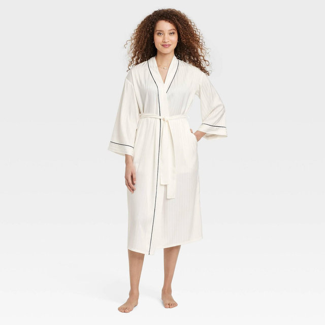 Women's Luxury Collection Shadow Striped Long Satin Robe - Auden™ White M/L
