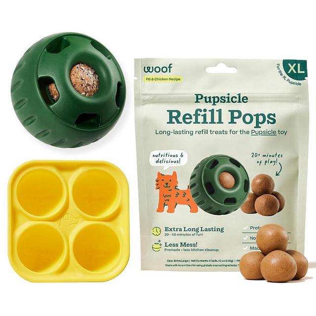 WOOF Starter Pack - Pupsicle, Treat Tray Mold and Pupsicle Refill Pops Chicken - Fillable Dog Treat Ball, Silicone Molds for Dog Treats and Pre-Made Refill Treats - for XL Dogs 75 lbs and Up