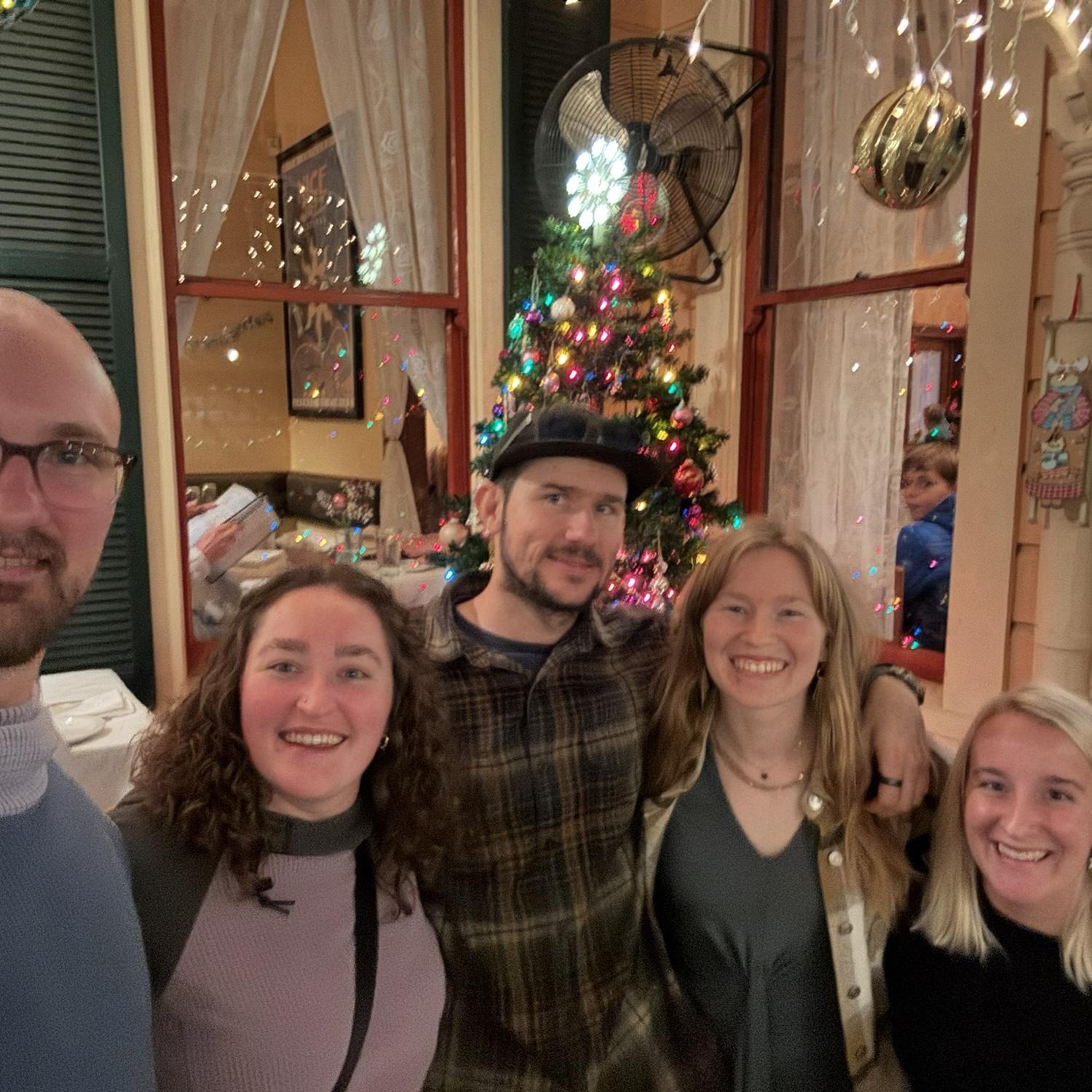 Dinner with Megan's friends Cody, Alex, and Sara