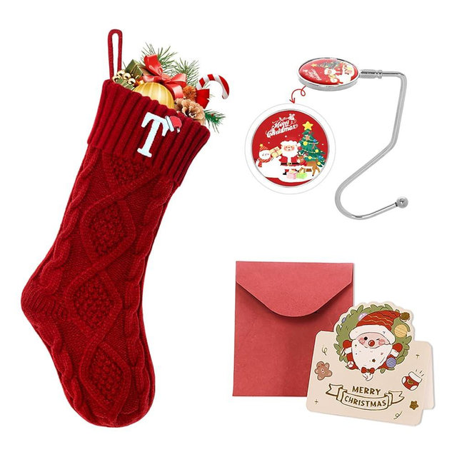 Ulico Christmas Stockings with Initials, 18’’ Large Embroidered Monogram Knit Christmas Stocking,Xmas Stocking for Kids, Holiday and Family Stocking for Fireplace or Party Decoration Red Letter T