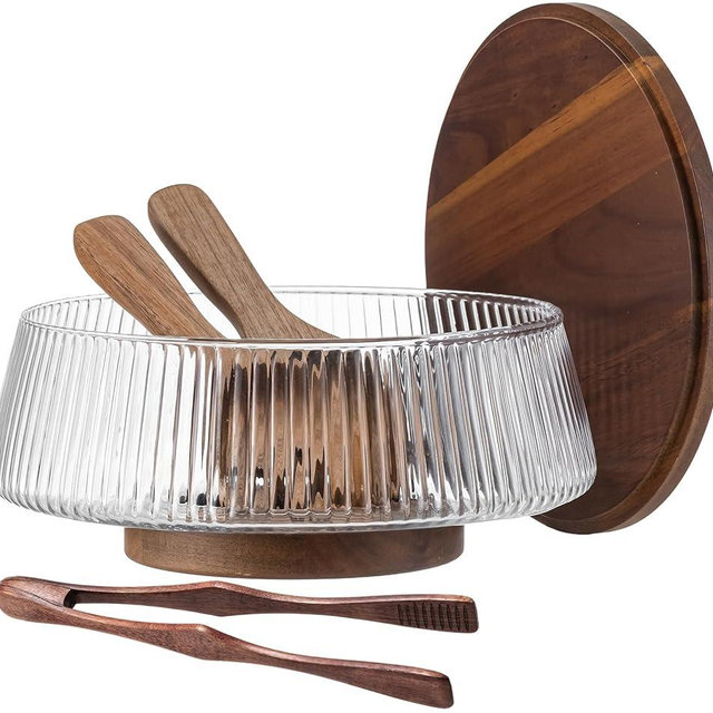Extra Large Glass Salad Bowl Set, 4.8Qt Mixing Bowl with Acacia Wood Lid, Base and Salad Serving Utensils, Ribbed Serving Bowl Trifle Bowl, Practical Salad Bowls for Kitchen,Parties,Christmas