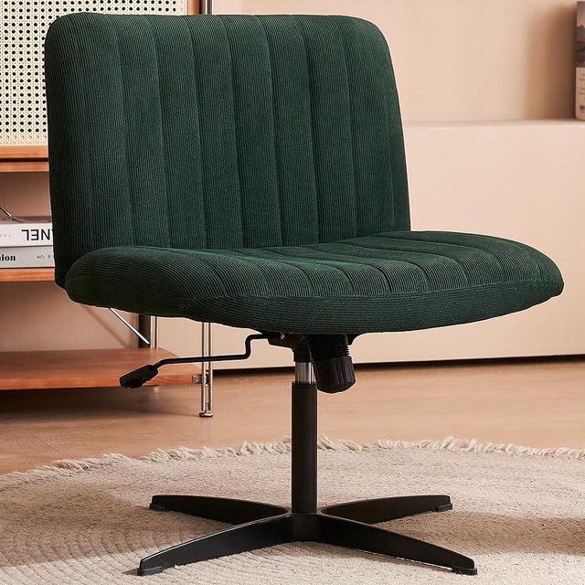 HoeuThien Armless Desk Chair No Wheels Wide Velvet Upholstered Office Chair Swivel Criss Cross Legs Large Seat Adjustable Height Accent Chair for Adults Dark Green