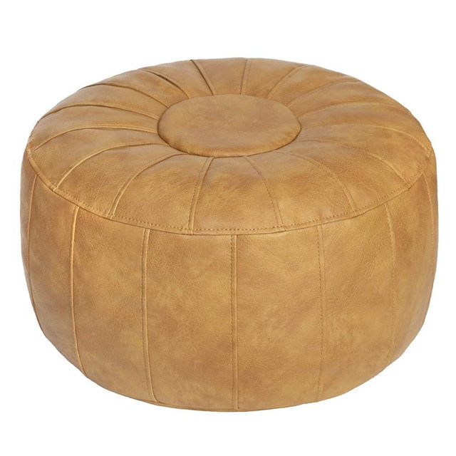 Thgonwid Unstuffed Handmade Moroccan Round Pouf Foot Stool Ottoman Seat Faux Leather Large Storage Bean Bag Floor Chair Foot Rest for Living Room, Bedroom or Wedding Gifts (Yellow)