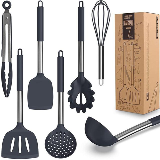 Dishwasher Safe Silicone Cooking Utensils - Heat Resistant Kitchen Utensil Set with Stainless Steel Handle, Spatula,Turner, Slotted Spoon,Tong, Kitchen Gadgets for Non-Stick Cookware, BPA FREE (Grey)