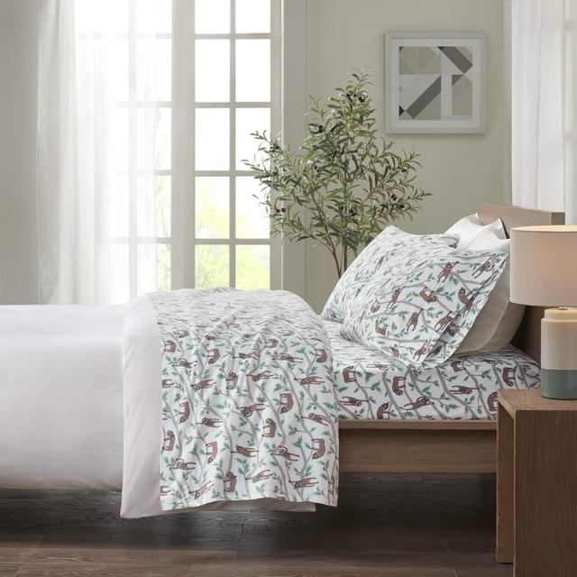 True North by Sleep Philosophy Cozy Flannel Warm 100% Cotton Sheet - Novelty Print Animals Stars Cute Ultra Soft Cold Weather Bedding Set, Queen, Multi Sloth 4 Piece