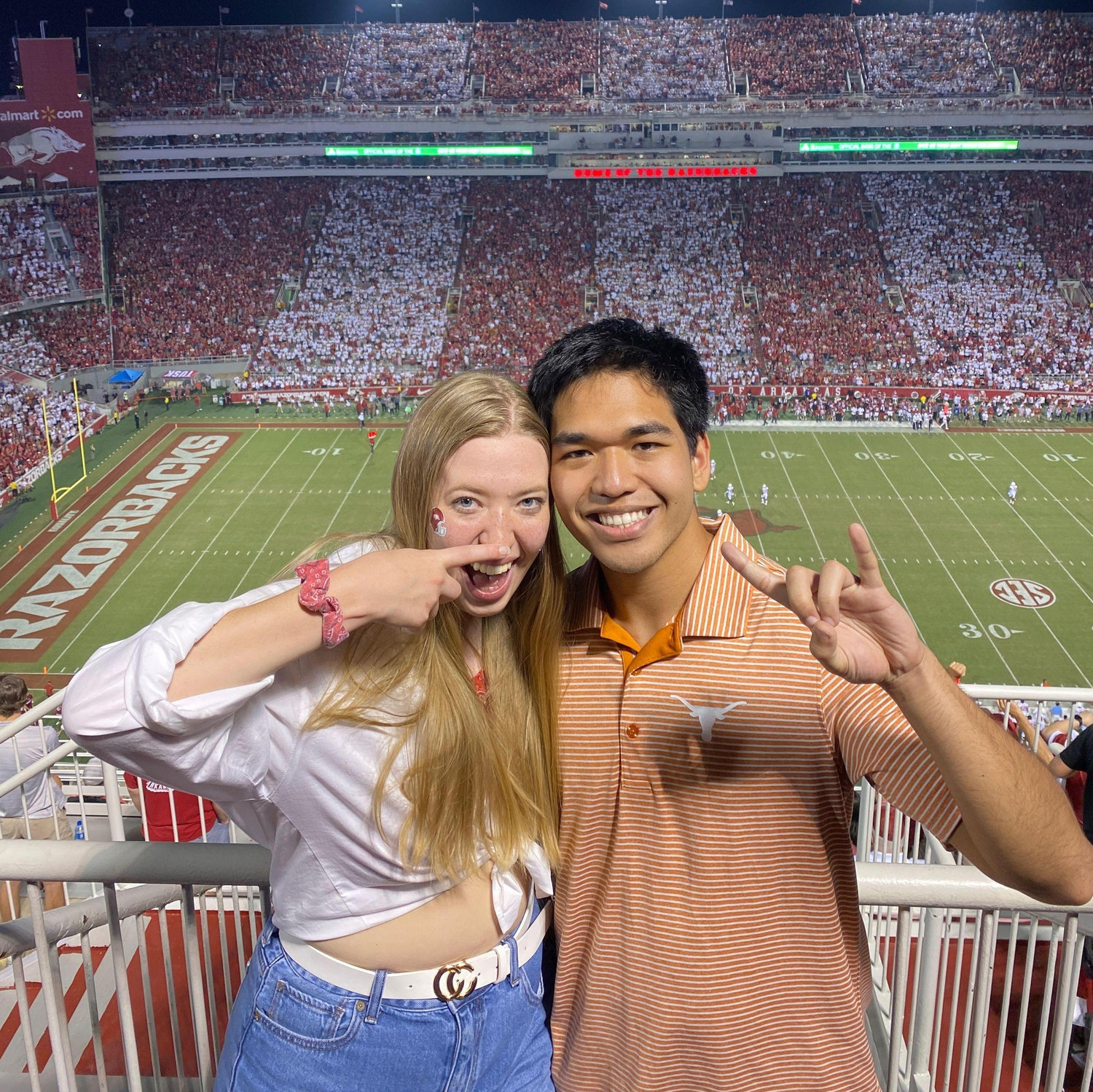 Arkansas vs. Texas 9/11/2021
Hands down the best game Hannah’s ever been to, and probably the worst for Tristan. Arkansas crushed Texas 40-21, and Hannah will never let him forget it.