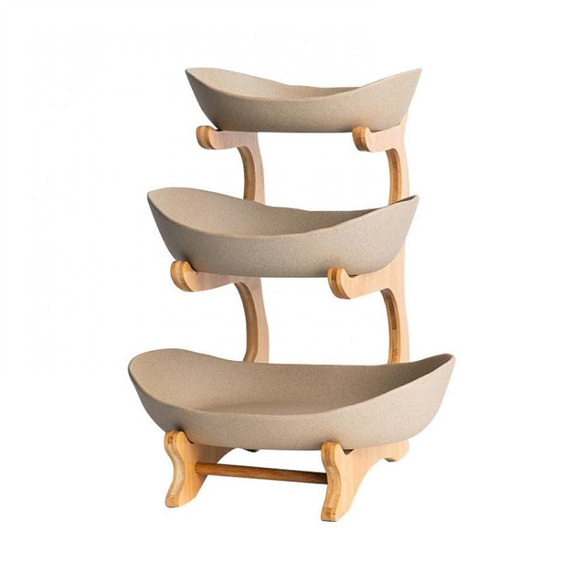 XUDREZ 3 Tier Fruit Basket for Kitchen Counter, 11"*8.6"*13" Ceramic Fruit Bowl for Kitchen Counter, Large Capacity Fruit Bowl Set with Holder, Bamboo Fruit Serving Tray (Porcelain)